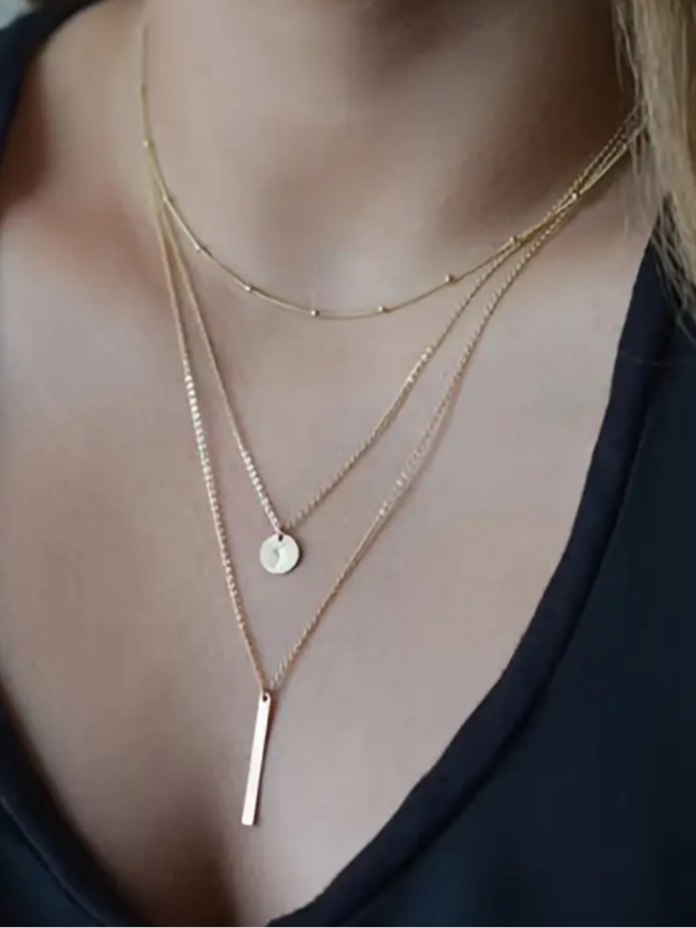 Layered Gold Multi-Chain Necklace Set - Dainty Disc & Bar Pendants
